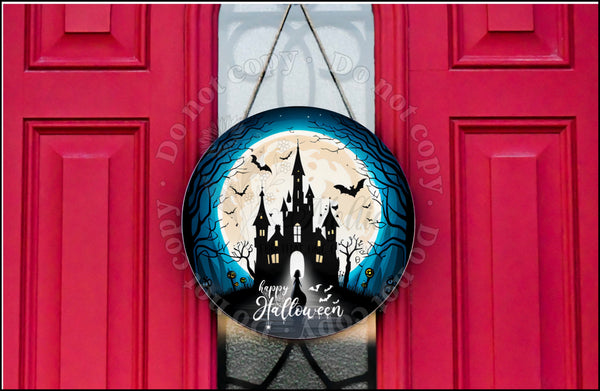 Haunted house Happy Halloween door hanger.