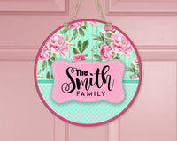 Family Name Door Sign with peonies