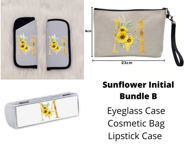 Sunflower Initial Bundle- eyeglass case-cosmetic bag-lipstick case