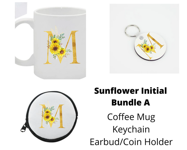 Sunflower Initial Bundle- Coffee Mug-Keychain-Earbud/Coin Holder